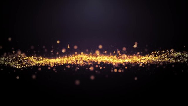 Abstract rendered Loop Particles gold glitter on black background.