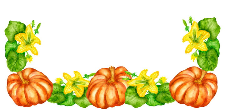 Watercolor hand painted border frame with orange pumpkins, yellow flowers and green leaves for invitations and greeting cards with the space for text