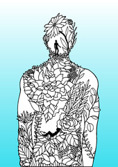 Human body flower man inside spirit power energy vector abstract art illustration design hand drawn