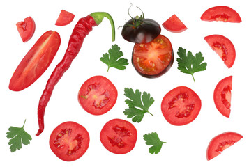 Tomato sliced, bitter pepper, parsley leaves isolated on white, top view