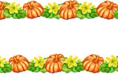 Watercolor hand painted vegetables banner with orange pumpkin, green leaves and yellow flowers for invitations and greeting cards