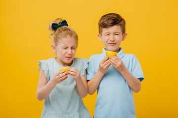 two young children, little girl and little boy taste sour lemon emotional, with sore, facial emotions negative, in blue T-shirt, isolated yellow background, copy space