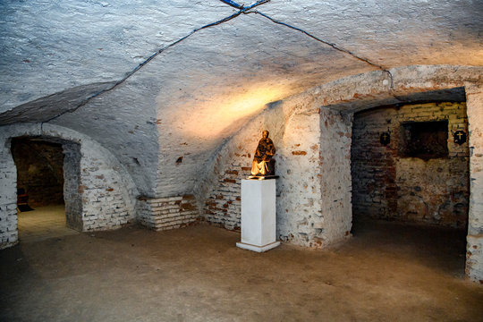 Undeground chapel (crypt) of National University Ostroh Academy, which occupies the buildings of former Rococo Capuchin monastery. National University Ostroh Academy.  Ostroh, Ukraine. 01-03-2019