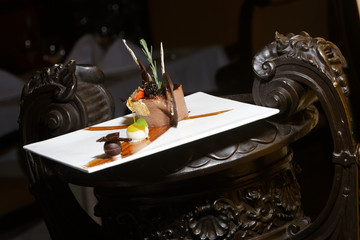 Dessert of chocolate mousse with strawberries.