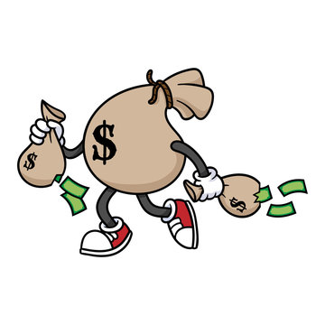 Cartoon Money Bag Running Carrying Smaller Money Bags