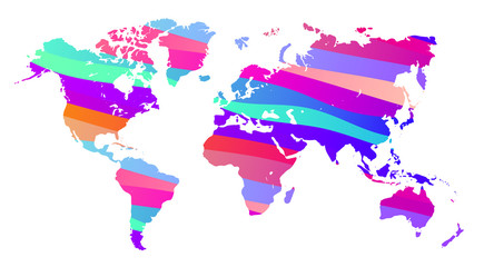 Colorful vector world map. North and South America, Asia, Europe, Africa, Australia