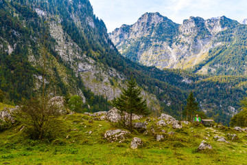 Fototapeta na wymiar Boulder stones in Koenigssee, Konigsee, Berchtesgaden National Park, Bavaria, Germany.