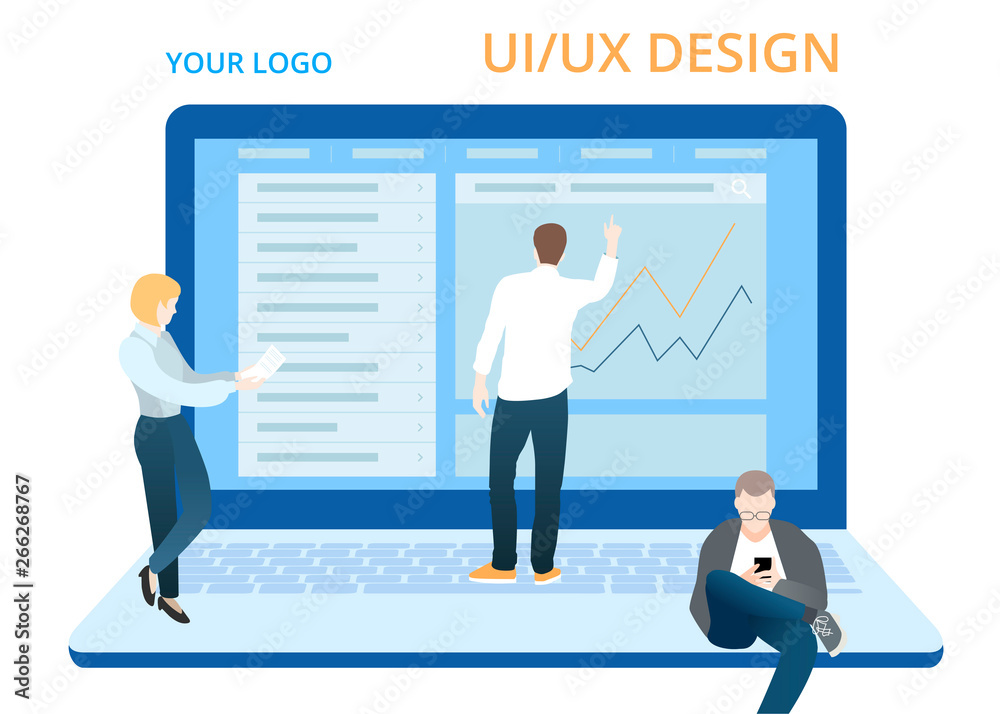 Wall mural ui design concept with character and text for designer. device content place infographic. software g