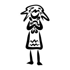 poor girl hugging a toy hare, black pattern