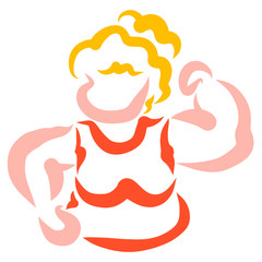 Strong plump woman, demonstrates her strength, silhouette