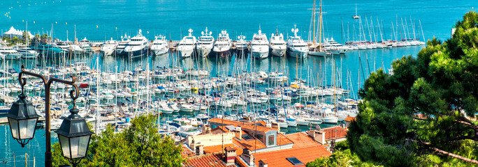 Panoramic view of Le Suquet- the old town,  Port Le Vieux and La Croisette of Cannes, France