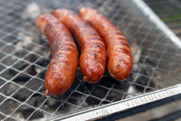 Roast sausage on the grill. Preparing a meal on a camping.