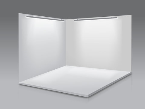 Blank display exhibition stand. White empty panels, Podium for presentations on the gray background 3d