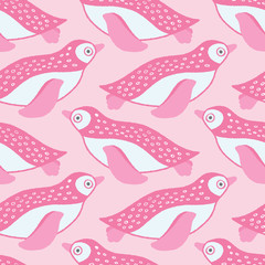 Sweet swimming penguin seamless repeat pattern in pink and white. Vector geometric sea bird design ideal for children.