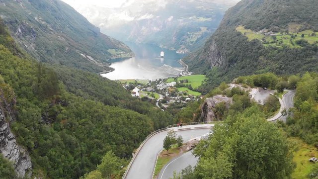 A drone shot of the famous Geiranger Fjord in Norway , one of the most famous Fjord in the world.