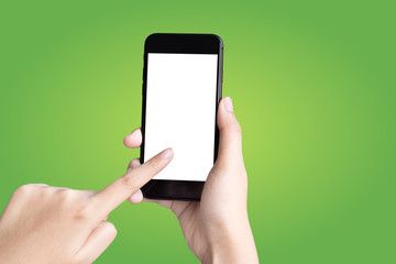 woman hand holding smartphone isolated on green gradient background.
