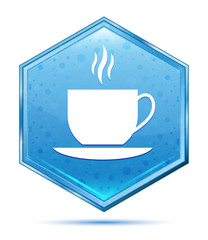 Coffee cup icon crystal blue hexagon button