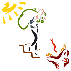 man with big bags on his shoulders descends from the sun to the snake