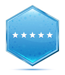 Five stars rating icon crystal blue hexagon button