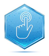 Hand cursor click icon crystal blue hexagon button