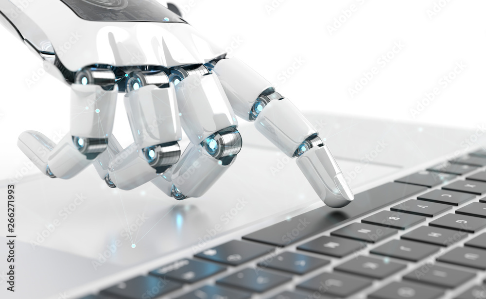Wall mural white robot cyborg hand pressing a keyboard on a laptop 3d rendering