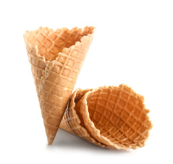 Crunchy wafer cones on white background