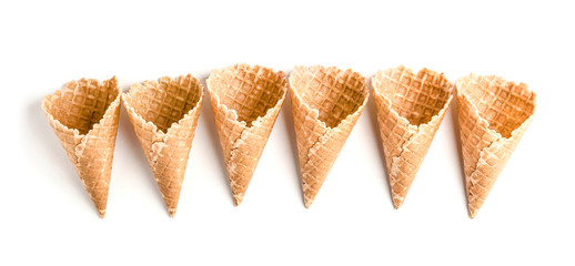 Crunchy wafer cones on white background