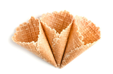 Crunchy wafer cones on white background