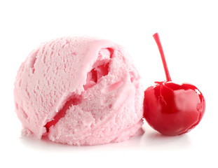 Tasty cherry ice cream on white background