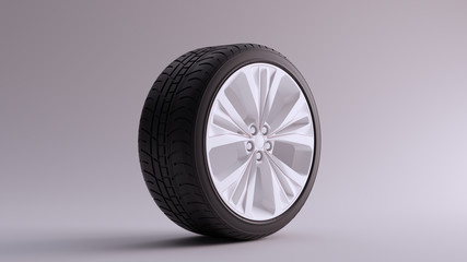 Obraz na płótnie Canvas White Alloy Rim Wheel with 5 Detailed Flared Spokes Open Wheel Design an Black Chrome with Racing Tyre 3d illustration 3d render
