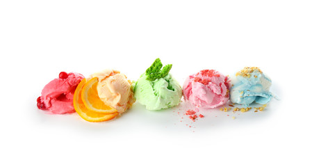 Assortment of tasty ice cream on white background