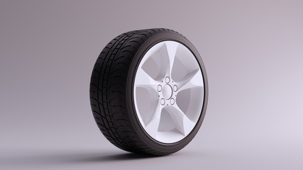 Obraz premium White Alloy Rim Wheel 5 Medium Flared Spokes Open Wheel Design with Racing Tyre 3d illustration 3d render