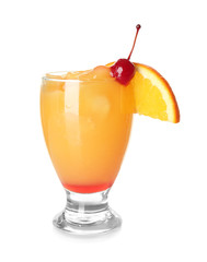 Glass of Tequila Sunrise cocktail on white background