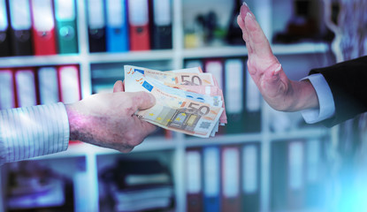 Hand rejecting an offer of money; light effect
