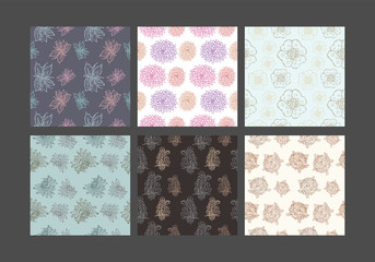 Floral hand-drawn seamless pattern set. Multicolored vector illustration.