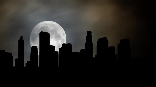 Los Angeles Downtown Cityscape by Night with Full Moon, Clouds and Skyscrapers in Silhouette, California, USA