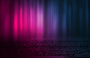 Empty background scene. Dark street, reflection of blue and pink neon light on wet pavement. Neon shapes. Rays of light in the dark, smoke. Abstract dark background.