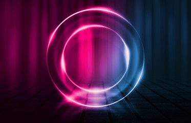 Empty background scene. Dark street, reflection of blue and pink neon light on wet pavement. Neon shapes. Rays of light in the dark, smoke. Abstract dark background.