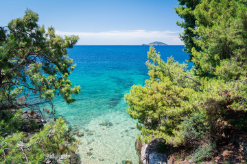 Obraz premium Neos Marmaras, Halkidiki, Greece - June 29, 2014: Kalymentos Island Turtle, uninhabited island near the peninsula of Chalkidiki