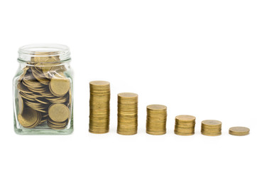 Gold coins stacks isolated on white background. Saving, Coin stack growing business.  Investment money concept.