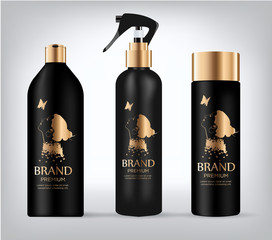 Set of realistic black package cosmetic with gold logo product:  tube, bottle with pump dispenser or spray, shampoo,  gel shower and liquid soap. Vector mockup of isolated on white.