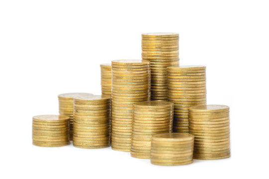 Gold coins stacks isolated on white background. Saving, Coin stack growing business.  Investment money concept.