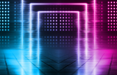 Empty background scene. Dark street, reflection of blue and pink neon light on wet pavement. Neon shapes. Rays of light in the dark, smoke. Abstract dark background.