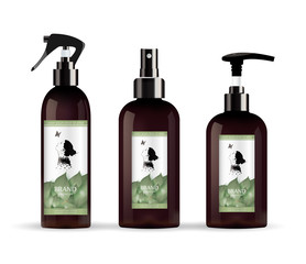  Realistic brown bottle for cosmetic cream container.  Spray bottle. Tube for ointment, lotion, balsam. Mock up bottle.  Liquid soap pump bottle. Balsam, with design label.  with green leaves label. E