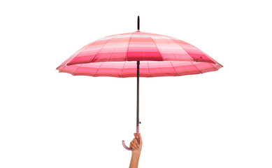 Hand holding pink stripe umbrella isolated on white