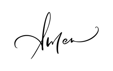 Amen vector calligraphy Bible text. Christian phrase isolated on white background. Hand drawn vintage lettering illustration