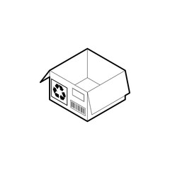 Outline box icon. Empty cardboard corrugated box with 2 top flaps open. Isometric vector isolated on white background.