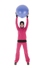 Young fitness muslimah holding a blue ball isolated on white