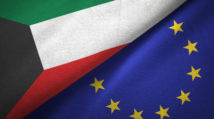 Kuwait and European Union two flags textile cloth, fabric texture
