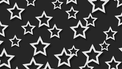 Abstract illustration of randomly arranged white stars with soft shadows on black background